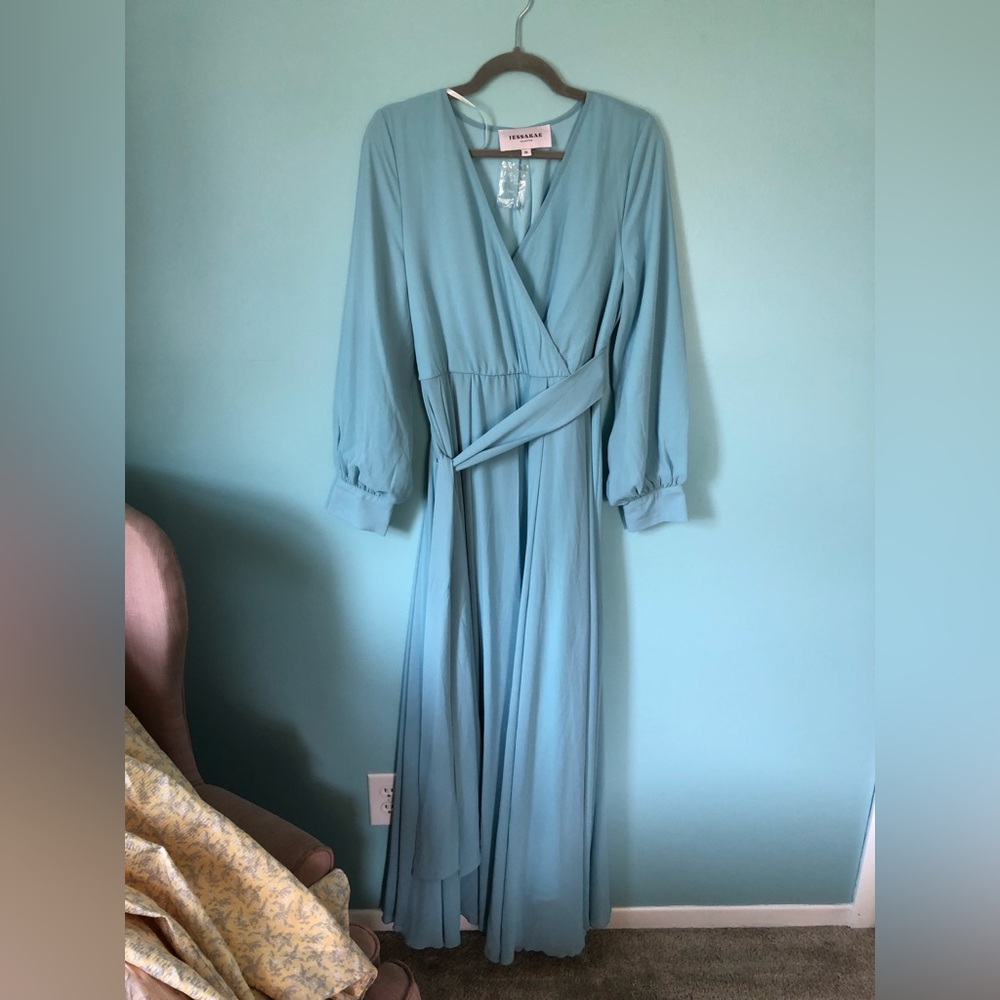 Jessakae Sky Blue Long Sleeve Maxi Dress with Wrap Top and Waist Tie